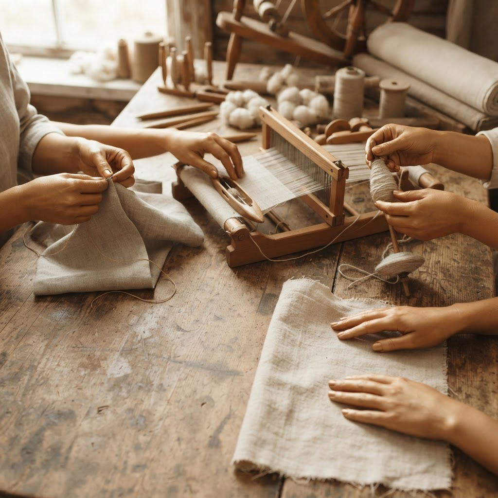 Many diverse hands using traditional craft methods — hand-stitching, weaving on a loom, and block-printing — over a shared table of natural fabric and thread